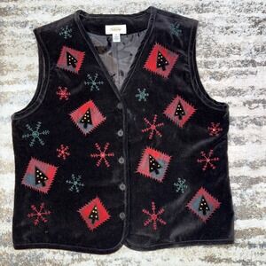 Talbots Velvet Christmas Vest Black Snowflakes Trees Women's  Medium A0004